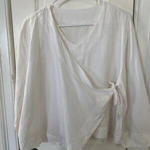 bryn Walker White Wrap-Style Linen Blend Blouse